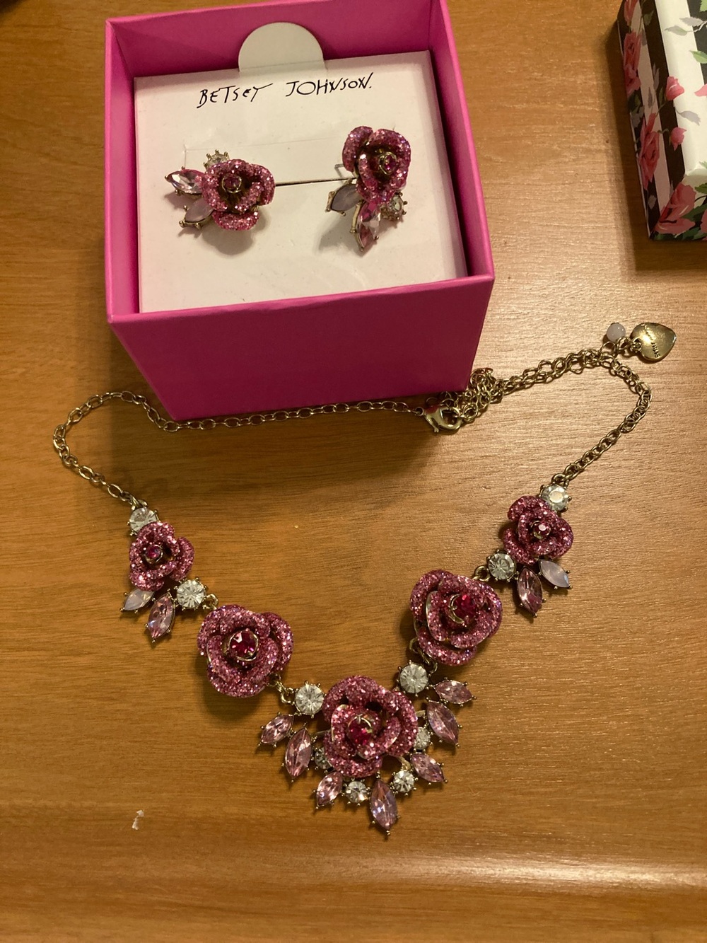 Betsey Johnson Pink Glitter Rose Floral Necklace with Matching Earrings